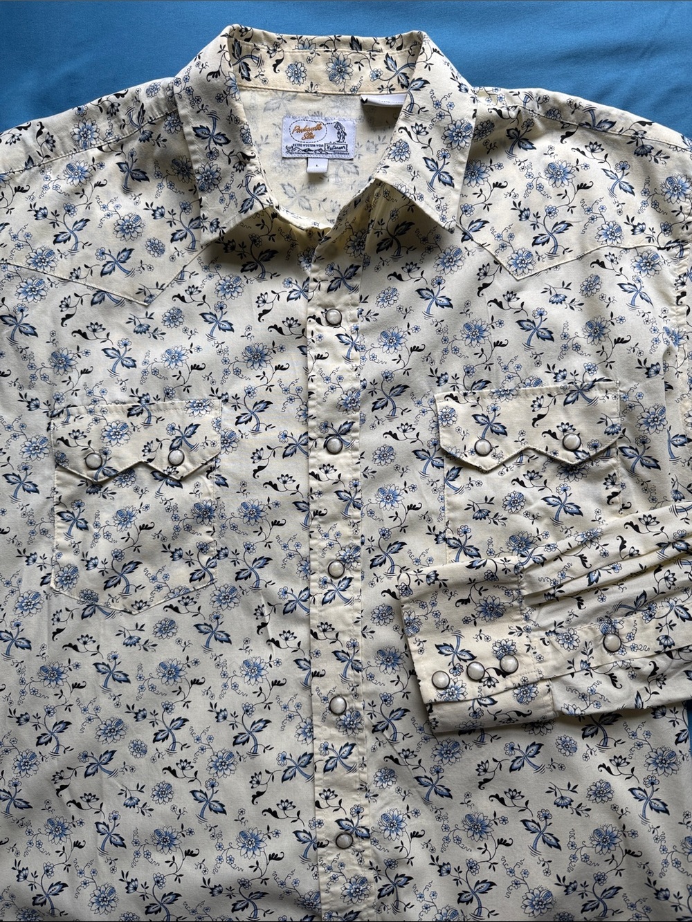 Panhandle Slim Retro Western Pearl Snap Shirt – Blue & Cream Floral Print men L